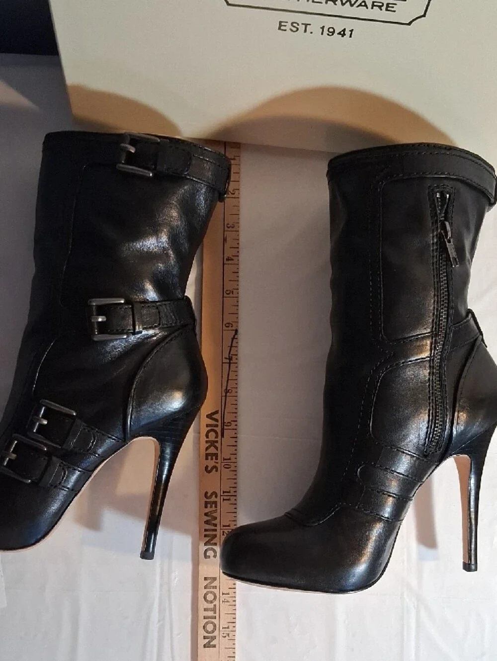 Coach Black Leather Mid-Calf Buckle Heel Boots